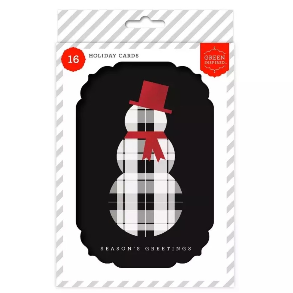 Snowman Greeting Card Green Inspired Black Plaid 16 Count
